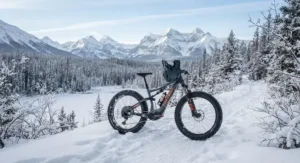 An electric mountain bike parked on a picturesque frozen backcountry trail during winter.