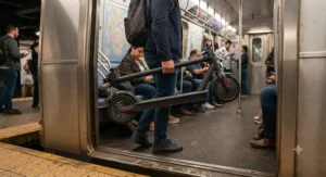 Close-up of a foldable best commuter electric scooter being carried onto a subway train
