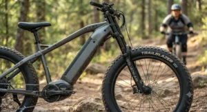 Close-up of a heavy-duty plus-size rider fat tire electric mountain bike showcasing sturdy frame construction and high weight capacity.