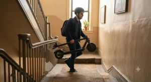 A commuter carrying a lightweight best commuter electric scooter up apartment building stairs