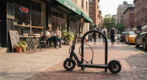 A stylish lightweight electric scooter parked securely against a bike rack outside a downtown coffee shop.