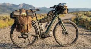 Close-up of a touring electric bike with a 100-mile range fully loaded for a long-distance cross-country trip.