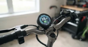 Digital dashboard display showing speed and battery range on a long-range electric scooter.
