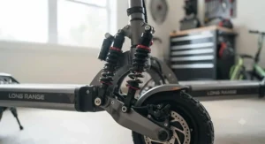 Detail view of the heavy-duty suspension on a high-performance long-range electric scooter.