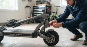 Demonstration of the folding mechanism on a portable long-range electric scooter.