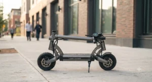 Full side profile of a sleek long-range electric scooter parked on a sidewalk.