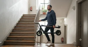 A man easily carrying a lightweight electric scooter up a flight of apartment stairs.