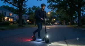The best commuter electric scooter riding down a suburban street at dusk with bright headlights