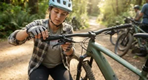 A novice mountain biker adjusting the handlebars and hydraulic disc brakes on their hardtail eMTB.