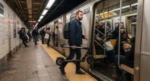A commuter holding a lightweight electric scooter while boarding a public transit train.