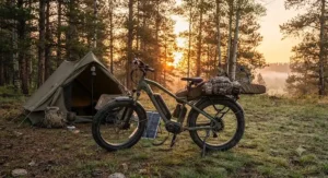 A reliable electric hunting bike under $2000 parked outside a hunting camp tent at early morning sunrise.