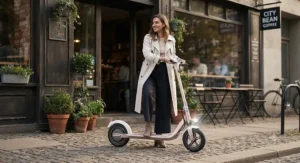 A stylish woman parking her lightweight electric scooter for women outside a local coffee shop.