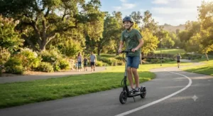 A teenager enjoying a safe ride on a lightweight electric scooter along a paved park trail.