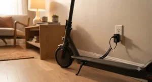 The best commuter electric scooter plugged into a standard wall outlet for overnight charging at home