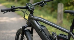 Detailed view of the battery display and frame features on a high-performance touring electric bike with a 100-mile range.