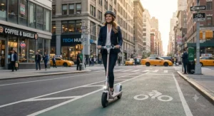 A woman commuting through a bustling US city street on a lightweight electric scooter for women.