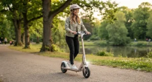 A woman wearing a safety helmet while riding a lightweight electric scooter for women outdoors.