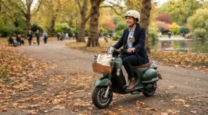 An adult commuter riding a vespa style electric scooter through a leafy autumn park in New York.