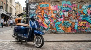 A shiny chrome-trimmed vespa style electric scooter parked near a vibrant mural wall in downtown Austin.