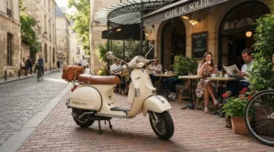 A sleek vespa style electric scooter showcasing classic Italian design influence parked outside a brick Chicago cafe.