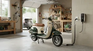 A classic vespa style e-scooter plugged into a residential wall outlet in an organized American suburban garage.