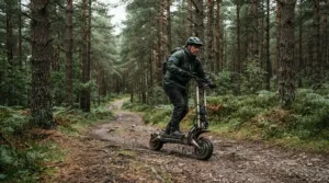 An all wheel drive dual motor electric scooter navigating a rugged dirt trail in a Pacific Northwest forest.