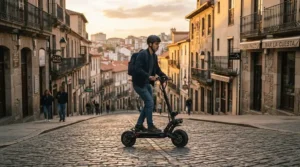 A powerful dual motor electric scooter effortlessly climbing a steep San Francisco street.