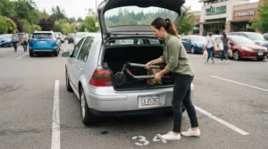 Loading a folded dual motor electric scooter easily into the trunk of a sedan for weekend travel.