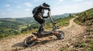 Dual motor electric scooter hill climbing showcasing synchronized wheel torque on an incline.