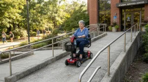 An electric mobility scooter for seniors ascending an ADA-compliant accessibility ramp outside a public building.
