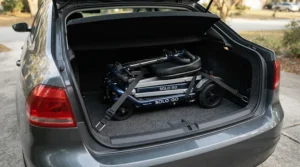 A foldable electric mobility scooter for seniors packed neatly inside the trunk of a car for easy travel.