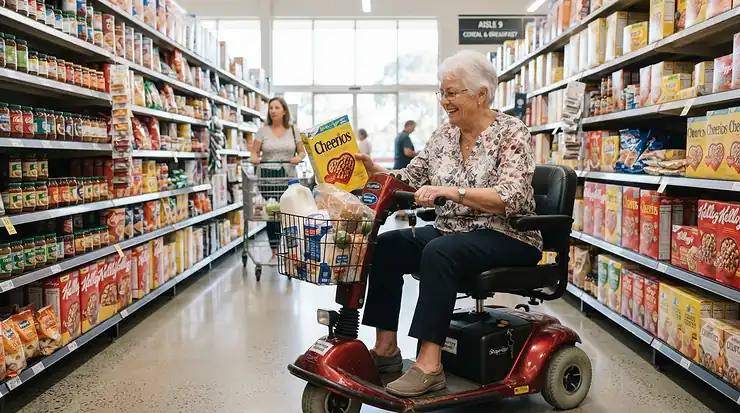 An electric mobility scooter for seniors parked in the aisle of a supermarket during a routine shopping trip.