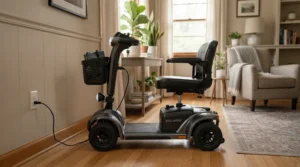 An electric mobility scooter for seniors plugged into a wall outlet for overnight battery charging at home.