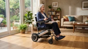 A lightweight electric mobility scooter for seniors being maneuvered easily inside a bright modern living room.