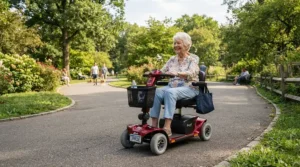 An electric mobility scooter for seniors being driven smoothly along a paved park pathway on a sunny afternoon.