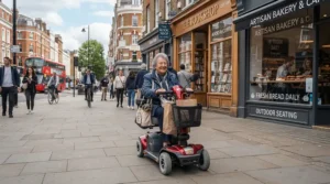 An electric mobility scooter for seniors navigating a smooth city sidewalk near a neighborhood coffee shop.