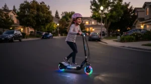 An electric scooter for kids with integrated LED lights for evening visibility.