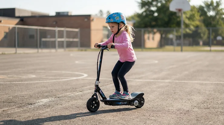 A beginner electric scooter for kids being tested on a smooth basketball court.