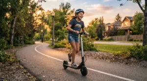 An electric scooter for kids age eight to twelve on a paved neighborhood trail.
