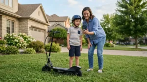 A parent explaining parental control features of an electric scooter for kids.