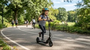 An electric scooter for kids being safely ridden on a sunny suburban sidewalk.