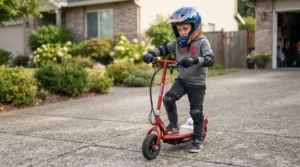 A safe electric scooter for kids with full protective gear in a driveway.