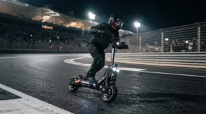 An electric scooter for racing under bright stadium floodlights during a nighttime championship finale.