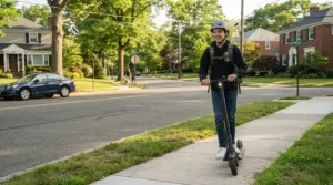 A student carrying a heavy backpack while riding an electric scooter for teenagers to afternoon tutoring.