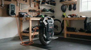 An electric scooter for teenagers plugged into an outlet in a garage, showing battery life for daily use.