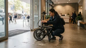 A young student folding up their electric scooter for teenagers to carry it inside a suburban library.
