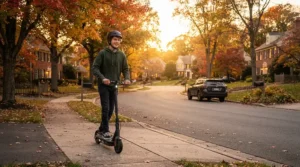 A teenager riding an electric scooter for teenagers down a residential suburban street lined with autumn trees.