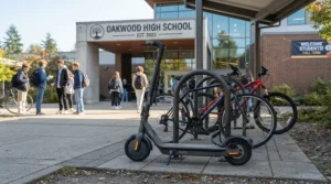 An electric scooter for teenagers parked outside a modern American suburban high school during morning drop-off.
