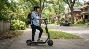 An electric scooter rider wearing a certified helmet and protective gear in a suburban neighborhood.