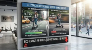 Comparison of eco mode versus sport mode on an electric scooter and their direct impact on riding distance.